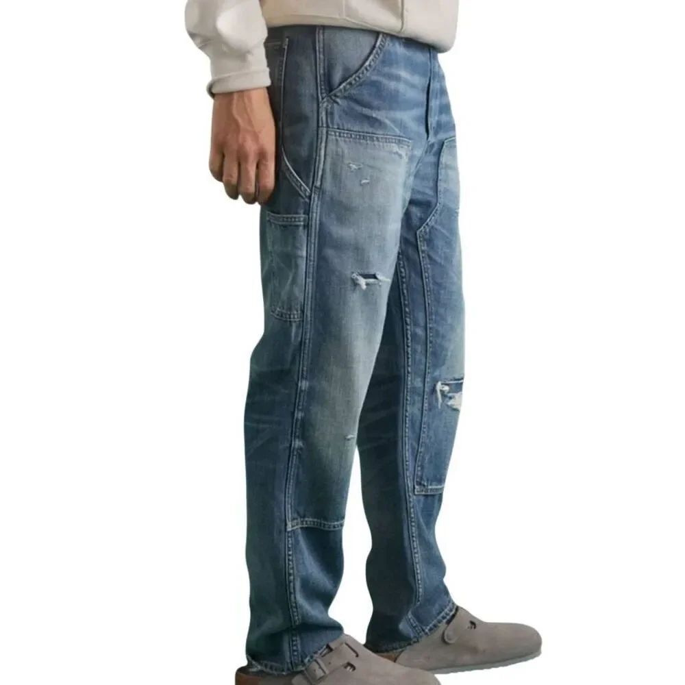 AE77 Jeans Unisex 29 Blue Premium Loose Carpenter Workwear Distressed Organic